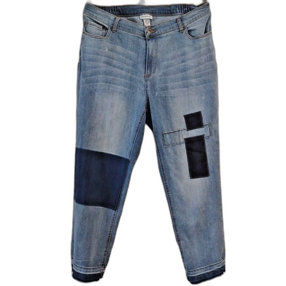 Boho Cottage Patchwork Boyfriend Jeans 20W Relaxed Straight Raw Hem Catherines